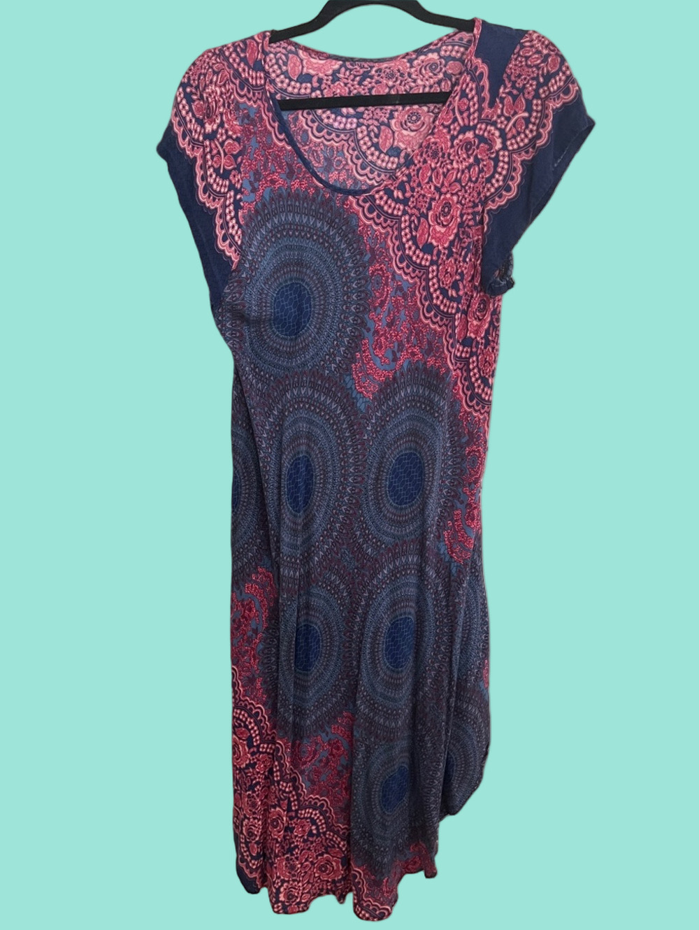 Women's Navy and Pink Printed Scoop-Neck Dress